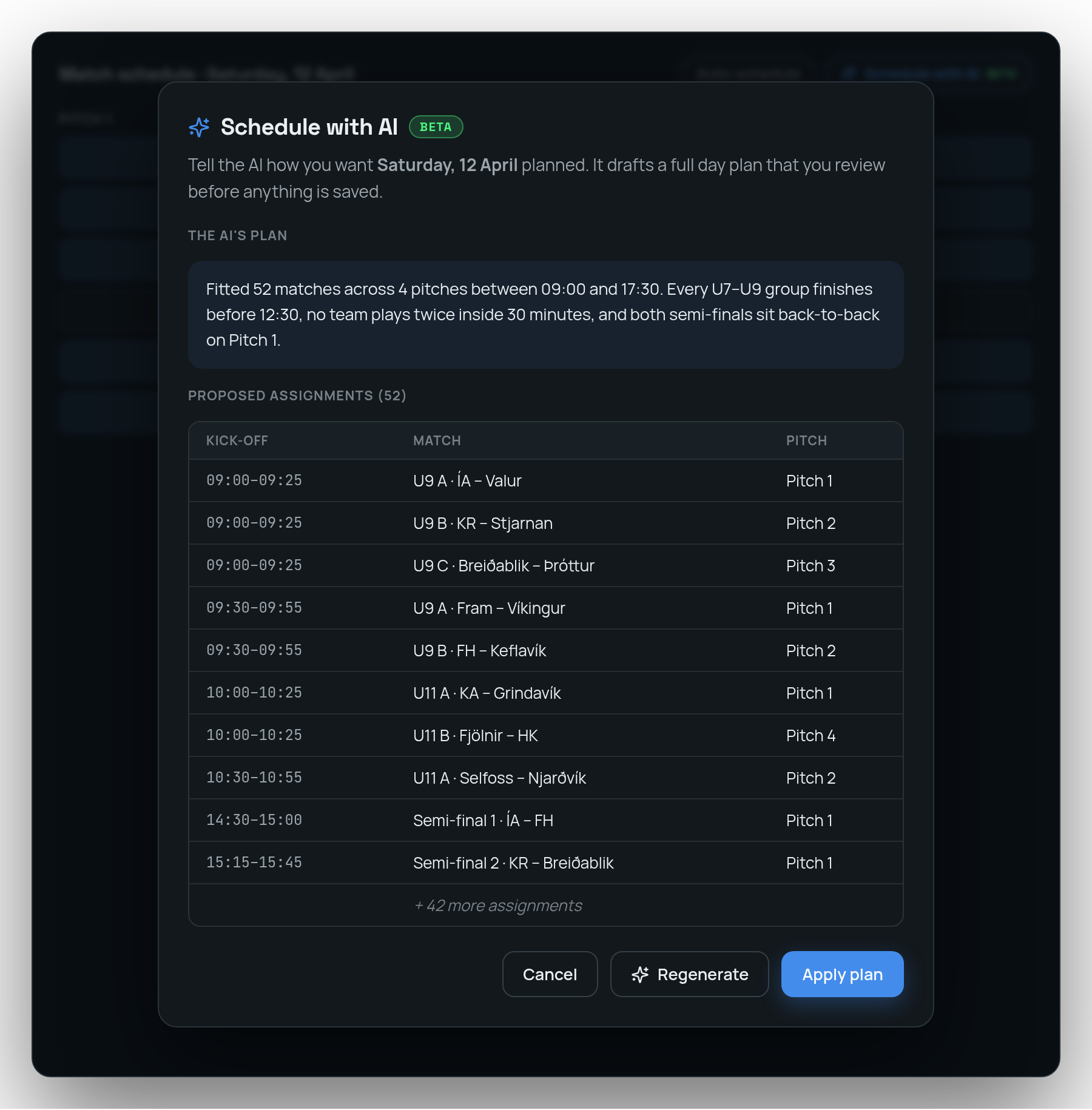 FairGame's AI scheduler showing a reviewed day plan — a plain-language summary above a table of proposed match assignments across four pitches