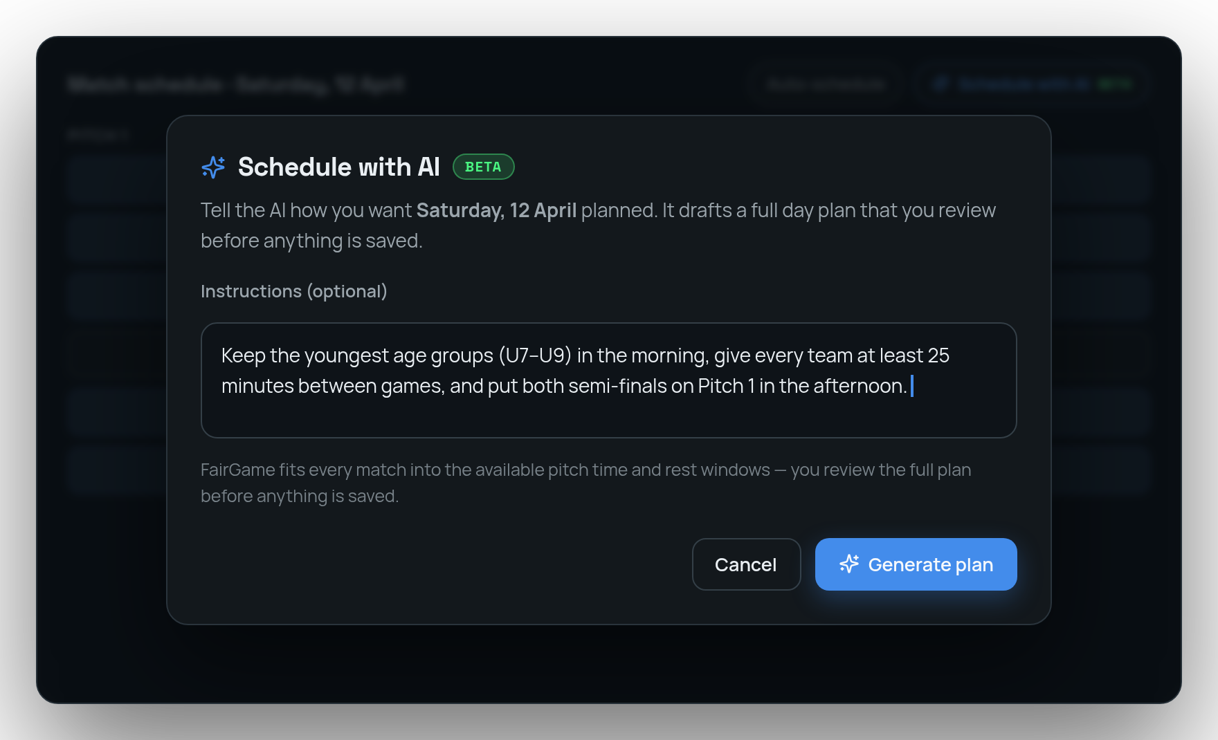 The Schedule with AI dialog with a plain-language instruction typed in, ready to generate a full day plan