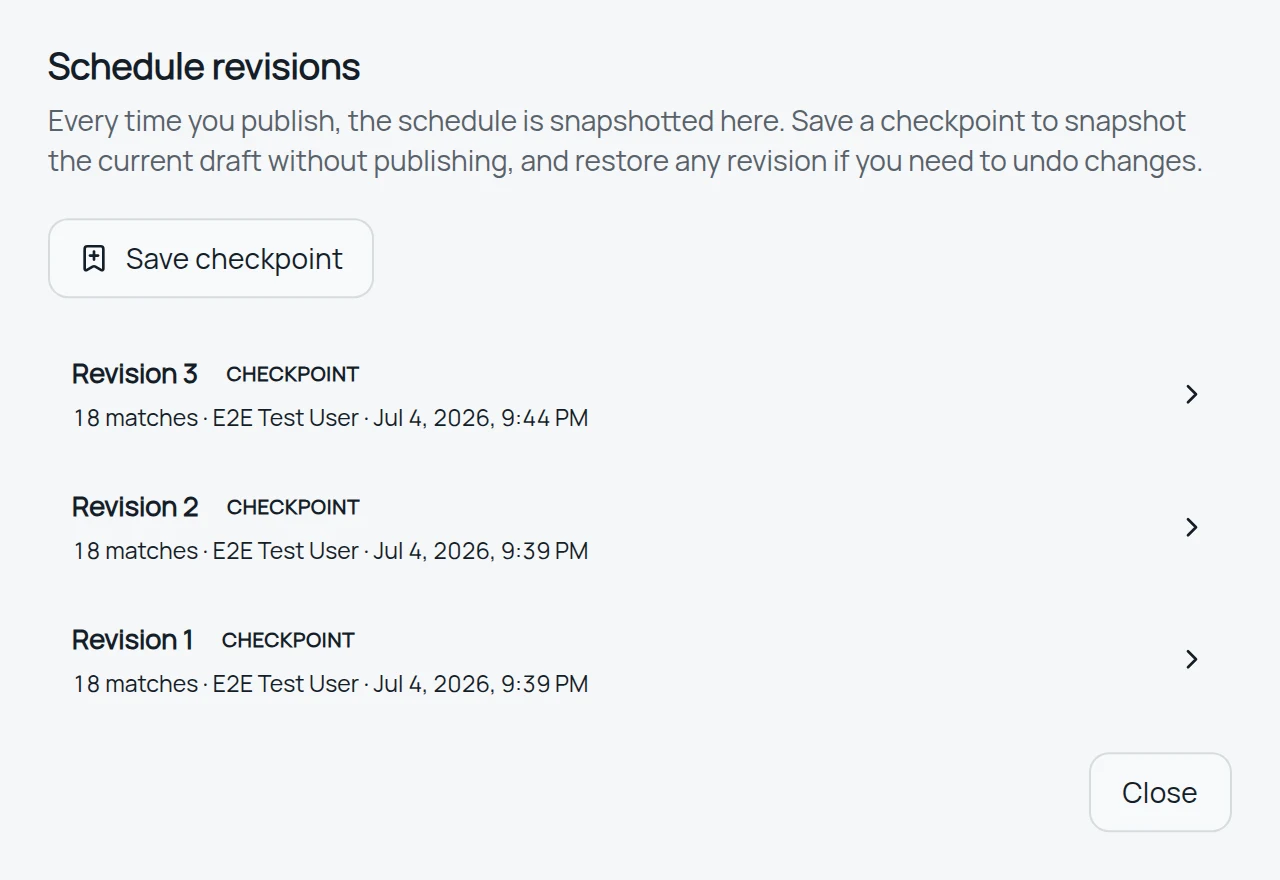 Schedule revision history listing published and checkpoint versions, with a preview of what restoring a revision would change