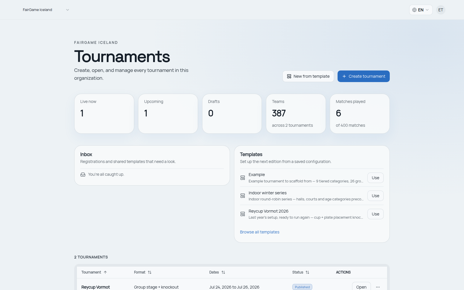 The FairGame template library listing saved tournament templates with their venue, pitch and category counts, alongside templates shared by other organizers