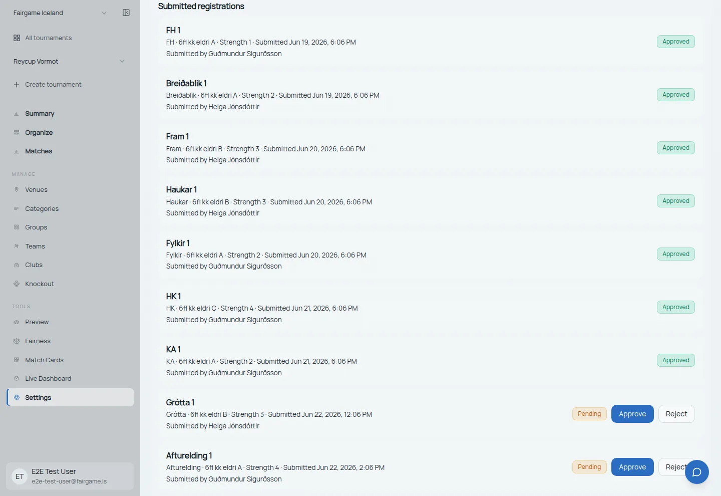 FairGame registration list showing confirmed teams and teams awaiting payment