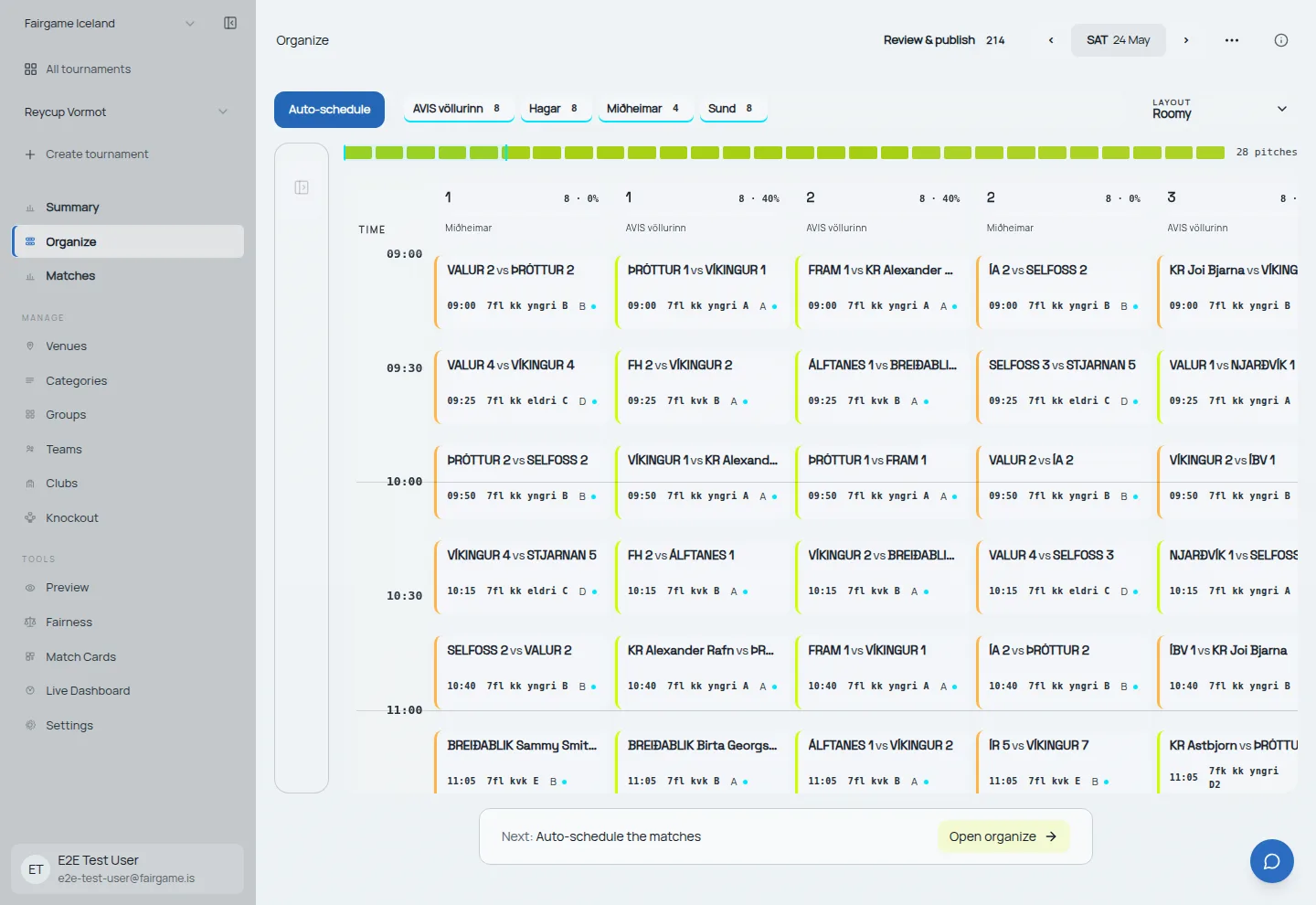 FairGame schedule grid filling every pitch with no idle gaps