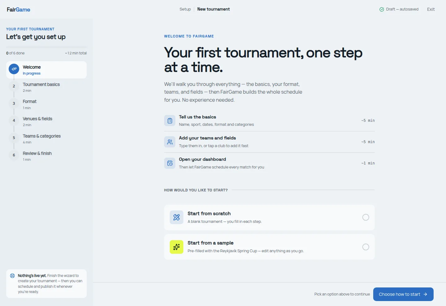 FairGame onboarding wizard guiding tournament setup